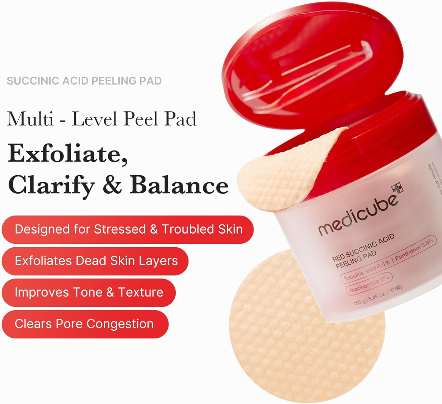 Medicube – Red Succinic Acid Panthenol Pads (Akne, Leke ve Kızarıklık Karşıtı Süksinik Asitli Tonik Pedler)